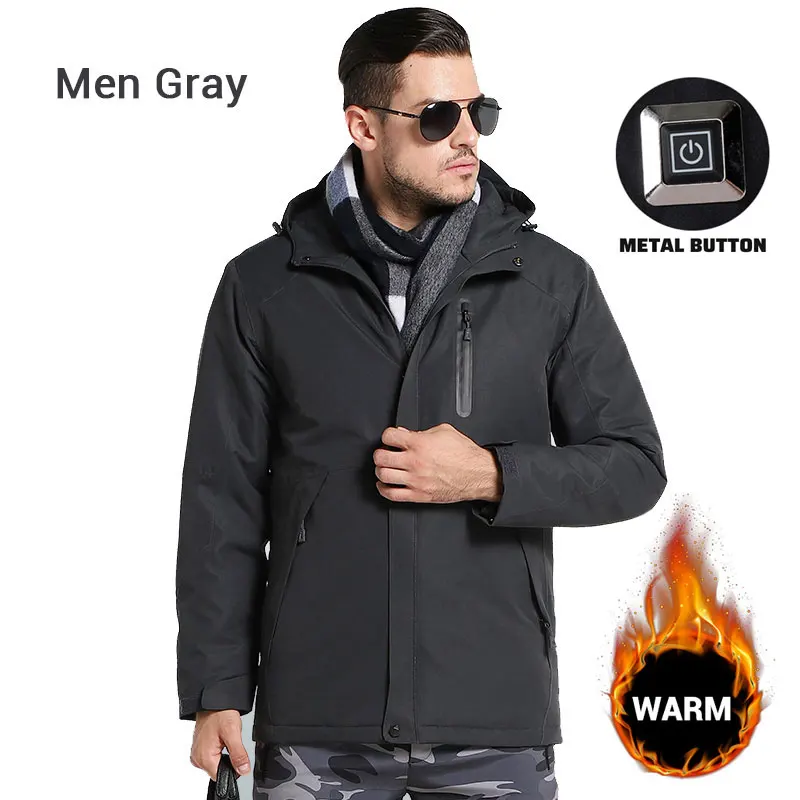 Men Gray Мотоциклетная куртка для мужчин и женщин Зимняя Толстая USB Инфракрасная нагревательная куртка водонепроницаемая с капюшоном электрическая теплая одежда Chaqueta Moto - Цвет: Men Gray