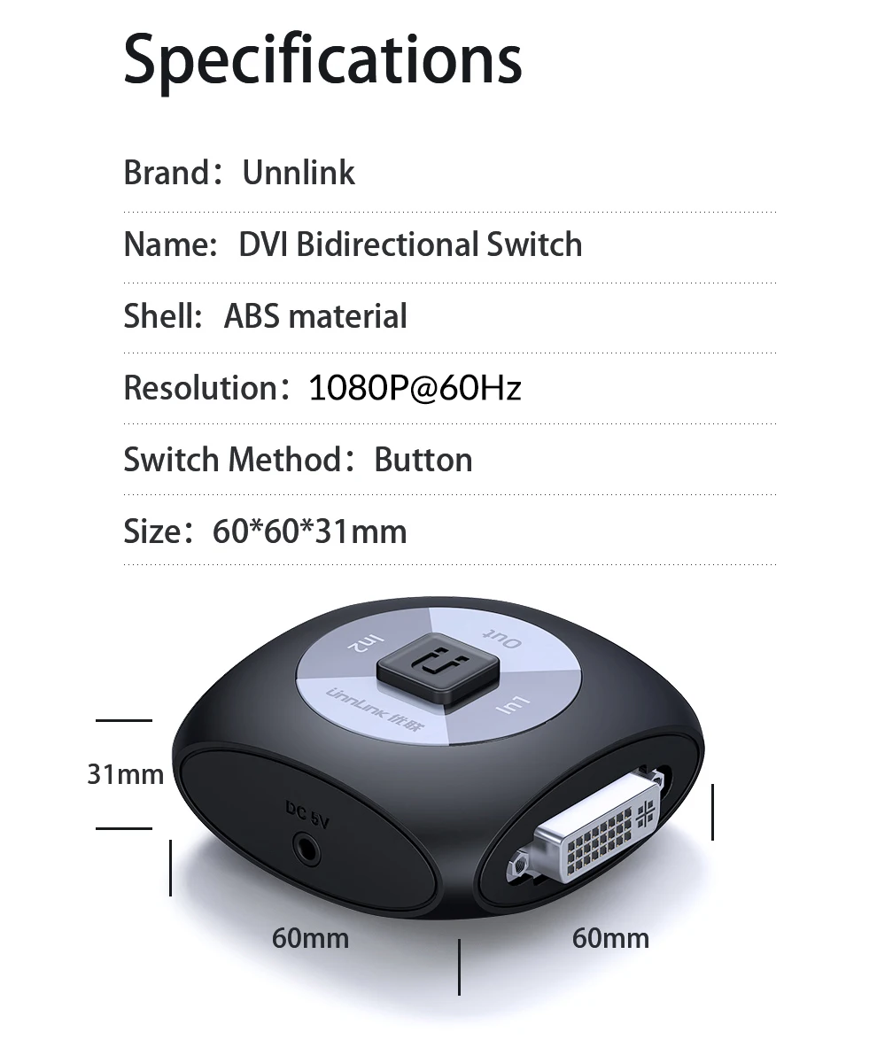 Разветвитель Unnlink переключатель DVI двунаправленный 2X1/1X2 FHD1080P @ 60 AB для настольного
