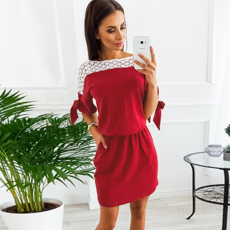 

Elegant Women Pencil Dress for Streetwear Patchwork Design Lace Decor Short Sleeve Dot Print Summer Slim Hips Office Lady Dress