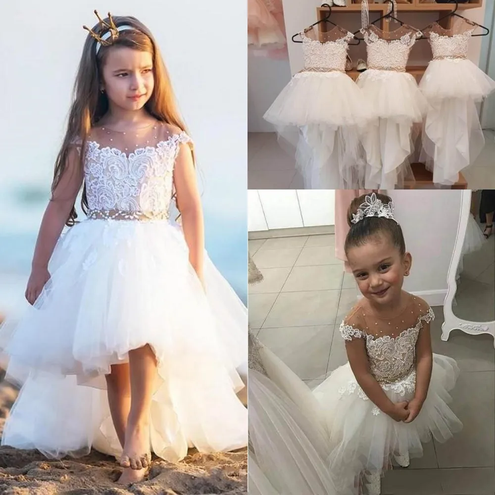 

2022Cheap Flower Girl Dresses For Weddings Jewel Neck Lace Tulle Cap Sleeves Pearls High Low Child Birthday Communion Girls Page