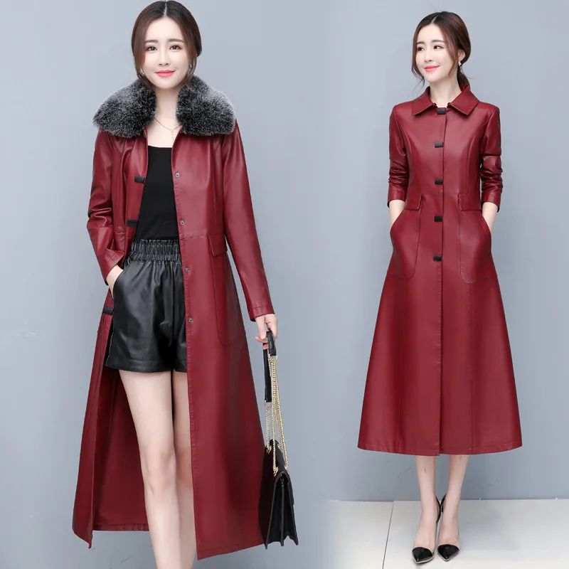 

Autumn Women Pu Leather Jacket Korean Single Breasted Big Fur Collar Faux Sheepskin Coat Long Windbreaker Female overcoat A467