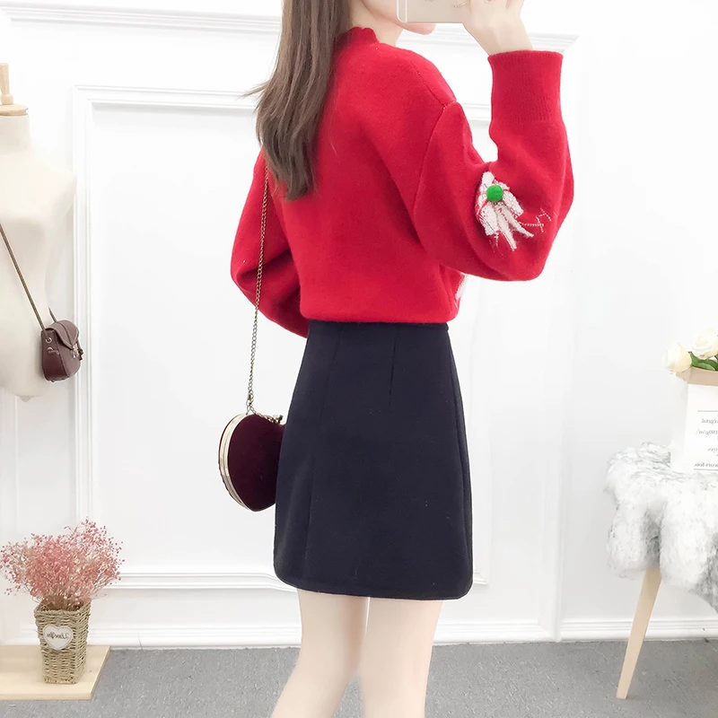 

festival New Year's day suit Christmas snow ball embroidery cloth skirt two-piece ball sweater A w
