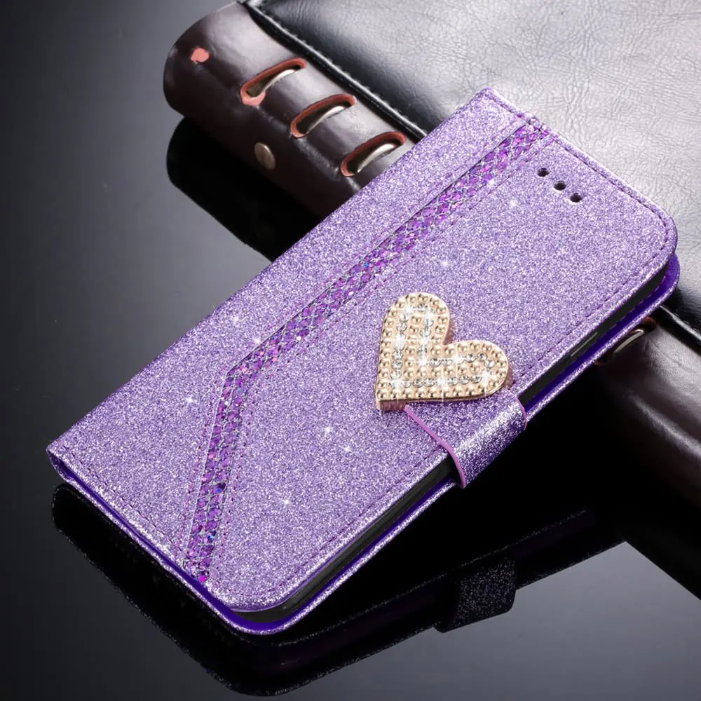 Кожаный чехол книжка с бриллиантами и сердечками для Samsung Galaxy A50 A70 A10 A20 A30 A40 A7 A5 A6