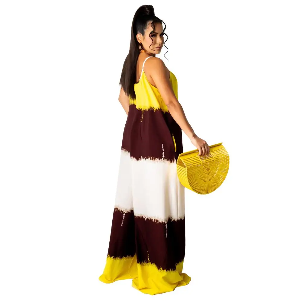 

2021 Summer Women's Casual Camisole Romper with Pockets Contrast Color Patchwork Thin Spaghetti Strap Loose Jumpsuits Long Pants
