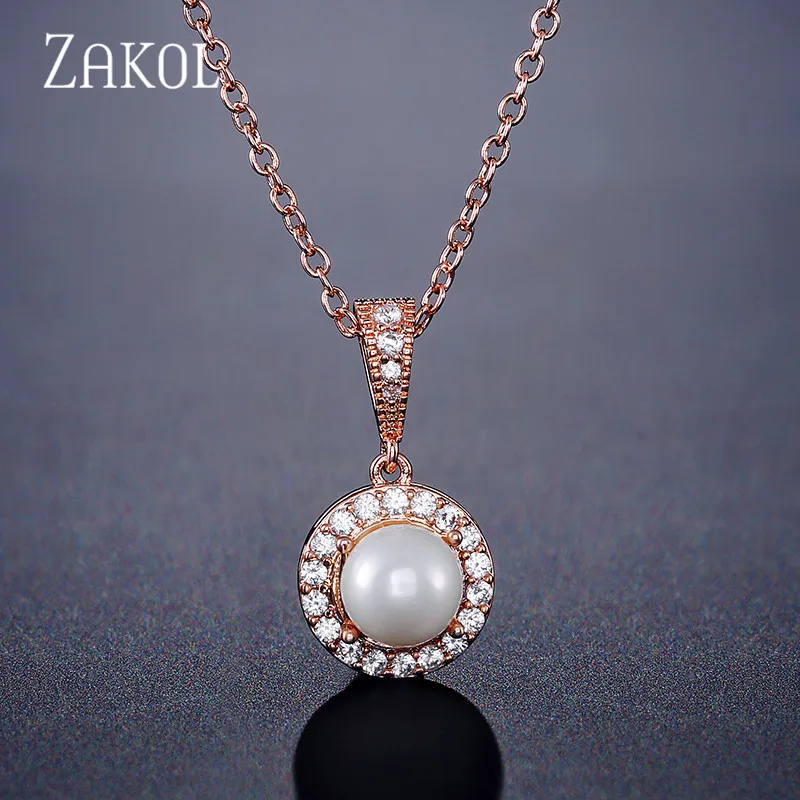 Rose Gold Color ZAKOL милый круглый искусственный жемчуг и кубический цирконий кулон ожерелье для женщин модные свадебные украшения FSNP2093 - Окраска металла: Rose Gold Color
