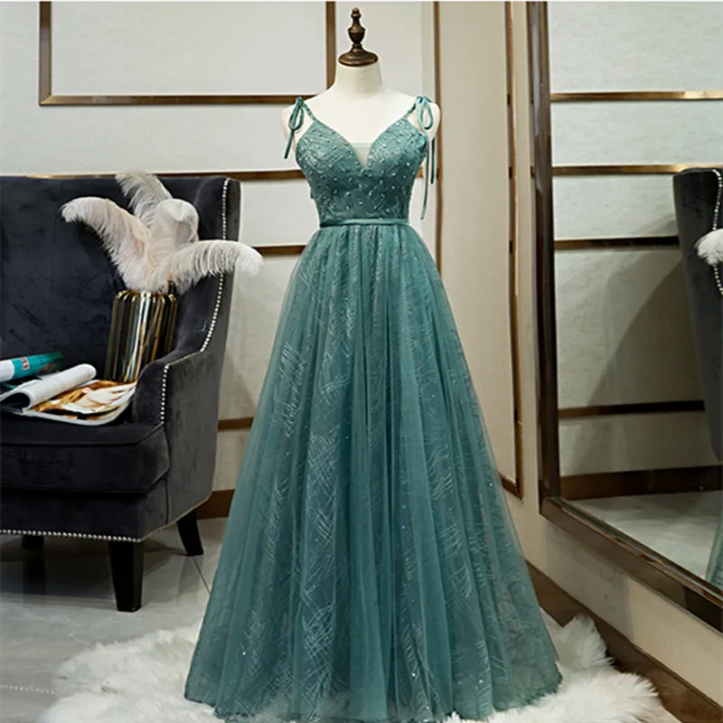

Robe De Soiree A-line Lake Blue Evening Dresses Long Dress Party Dress Vestido De Festa V-neck A-line Evening Dress 2020