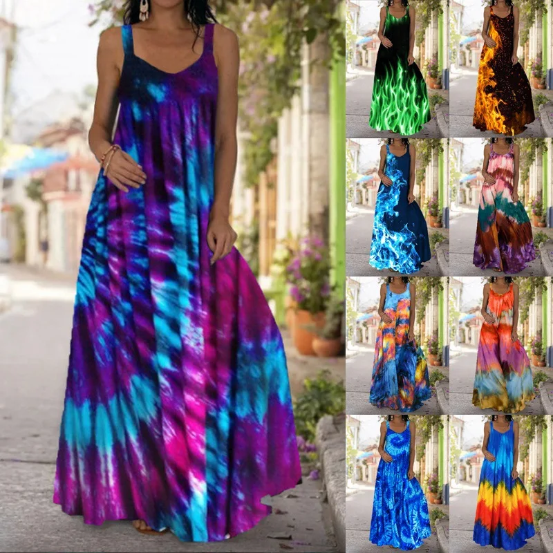 

2021 Summer Women New Fashion Tie-Dye 3D Swirl Print Bohemian Strapless Mopping Dress Casual Long Plus Size Dress