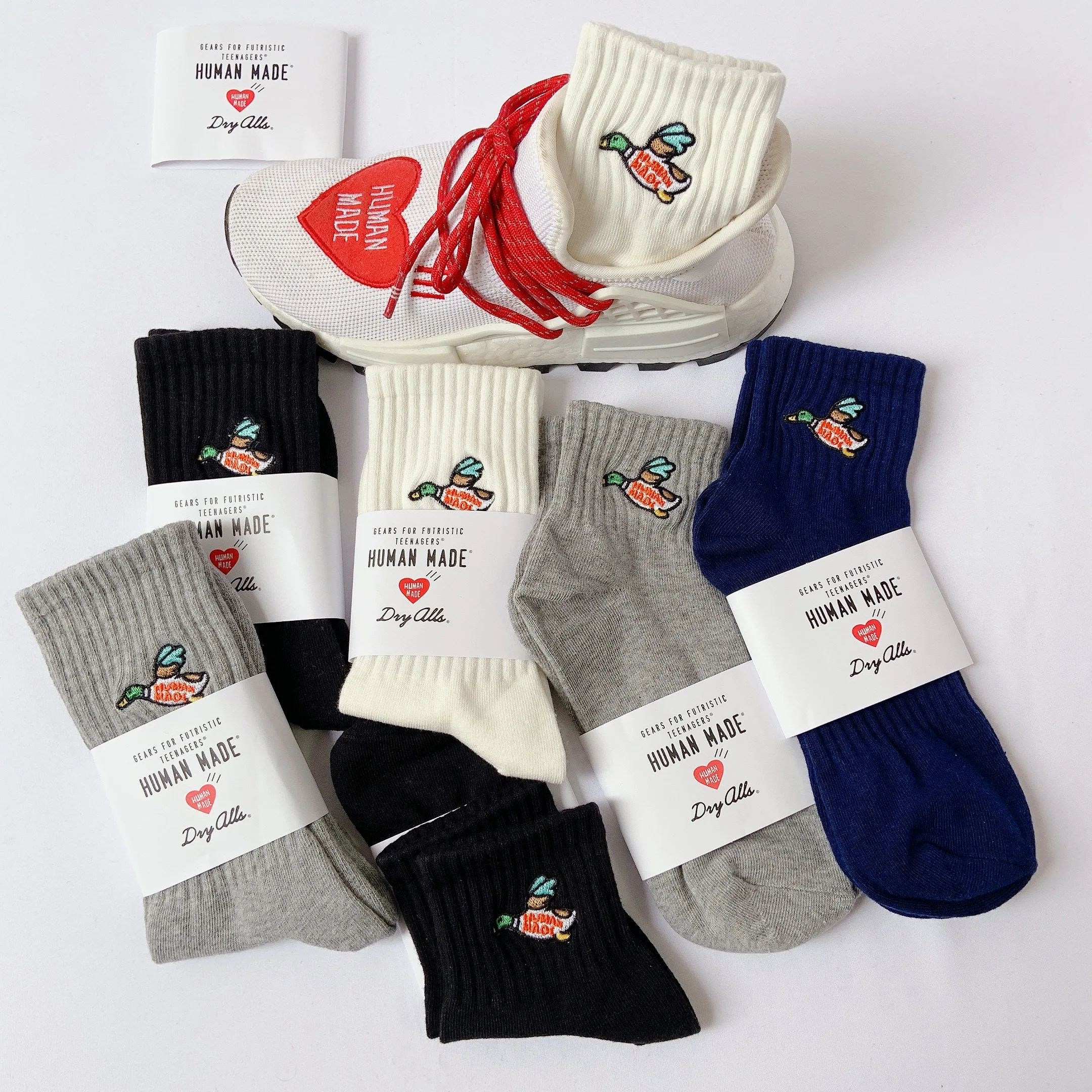 3Pairs = 1LOT Flying Duck Human Crew Ankle Short Socks Beating Love Heart Japanese Street Fashion Embroidery Harajuku What Youth