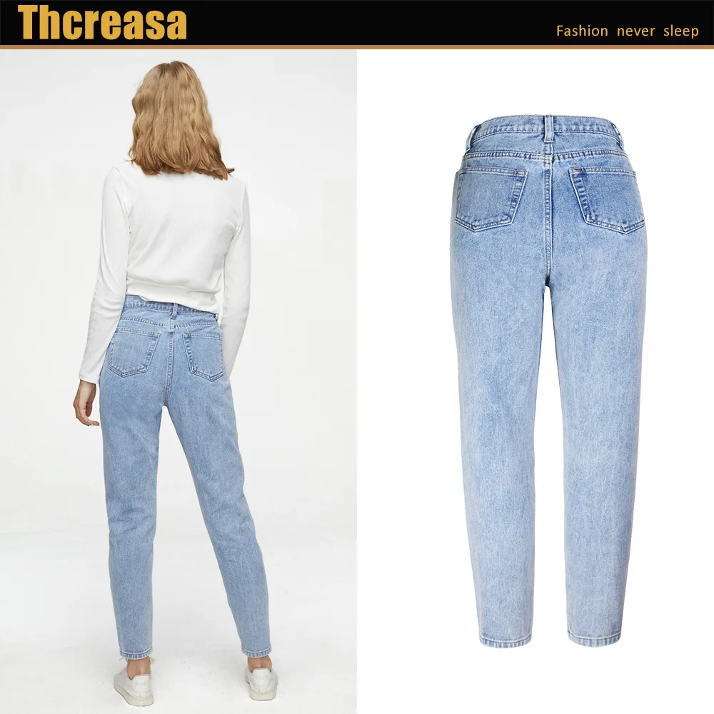 

High Waist Boyfriend Jeans for Women Knee Ripped Straigh Denim Pants Female Plus Size Jeans Light Blue