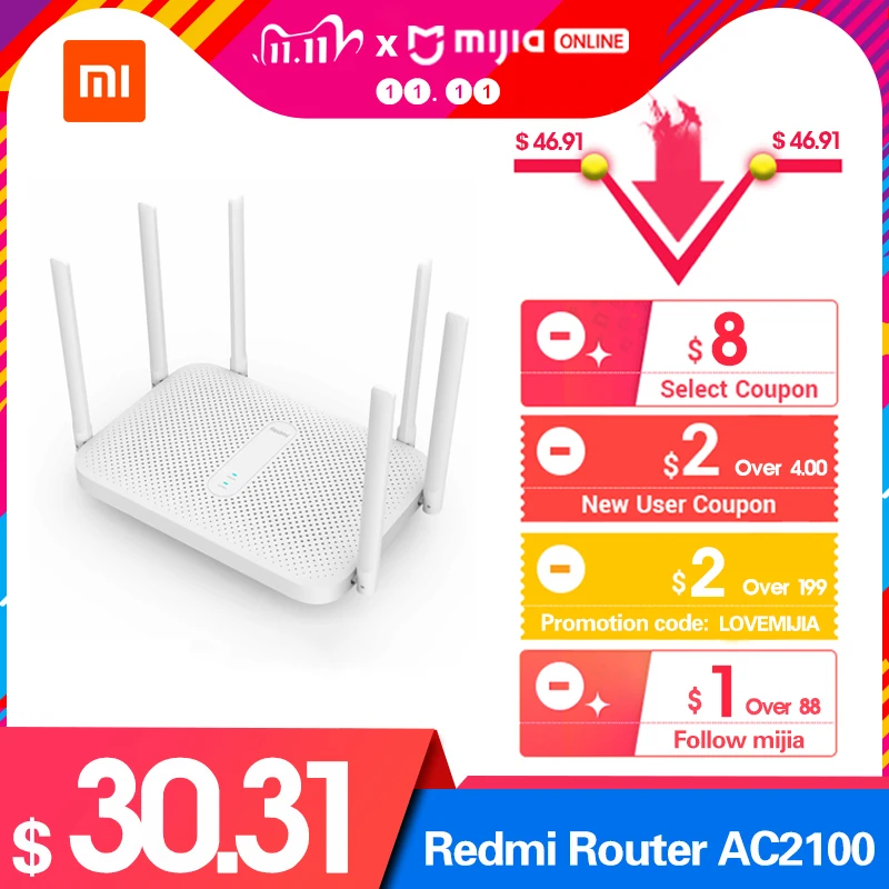 xiaomi redmi router ac2100 gigabit 2 4g 5 0ghz strengthen dual band 2033mbps wireless wifi repeater 6 high gain antennas wider free global shipping