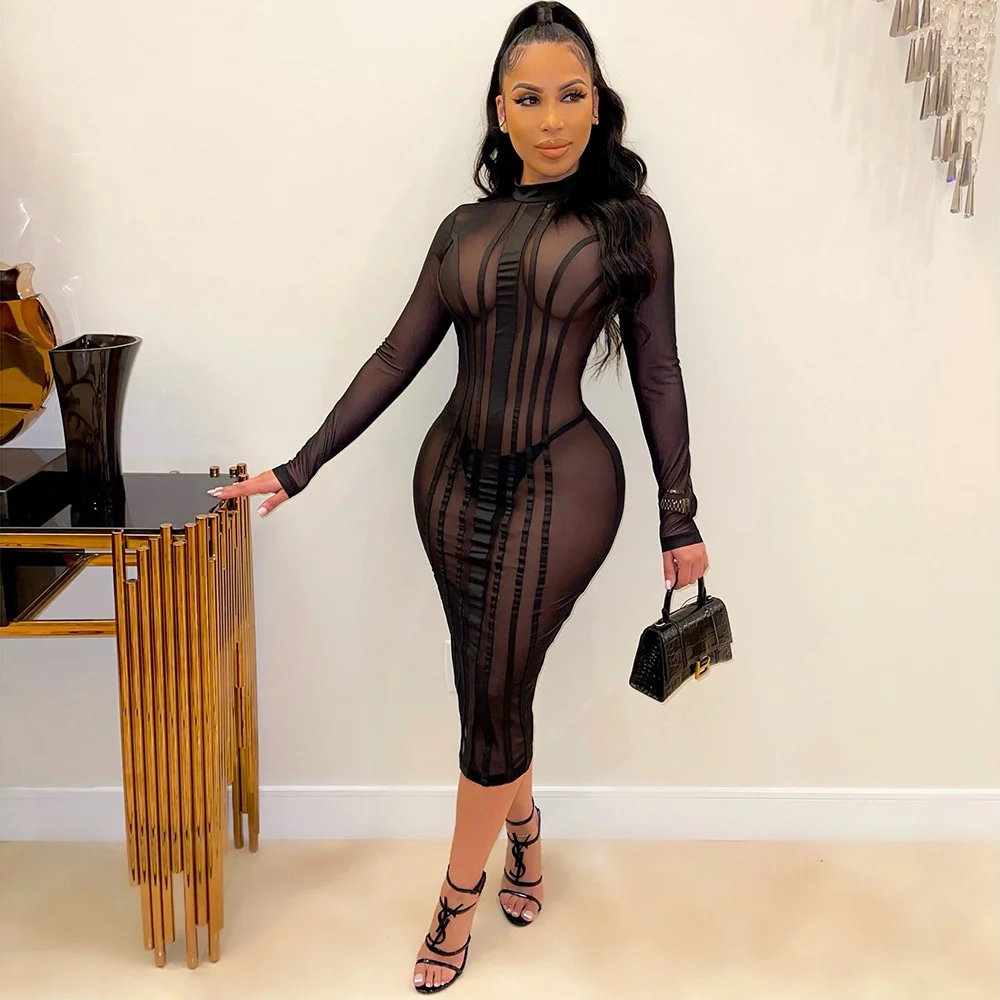 

SUJYing Autumn And Winter New Women's Sexy Mesh Splicing Long Sleeve Solid Color Dress