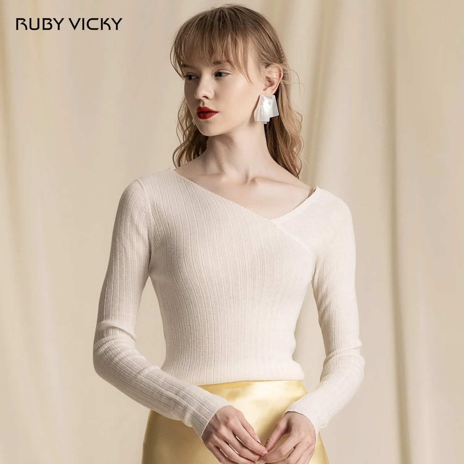 Женский Повседневный свитер Ruby Vicky Однотонный с диагональным плечом джемпер на