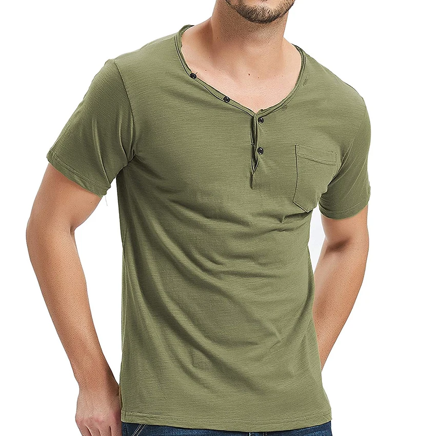 

Men Ripped Collar Summer Tee Tops Short Sleeve Button Henry Collar T-Shirt Solid Color Slim Fit Streetwear Tee Shirt Hipster Top