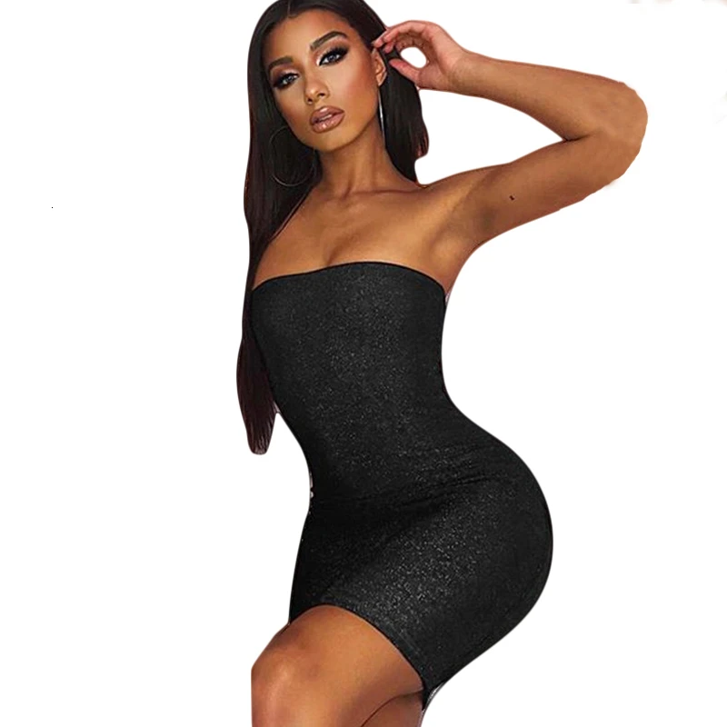 Slaygirl, сексуальные вечерние женские платья, без бретелек, с открытой спиной, блестящие, для ночного клуба, облегающее платье, мини, Осенние клубные платья, Vestidos - Цвет: Черный