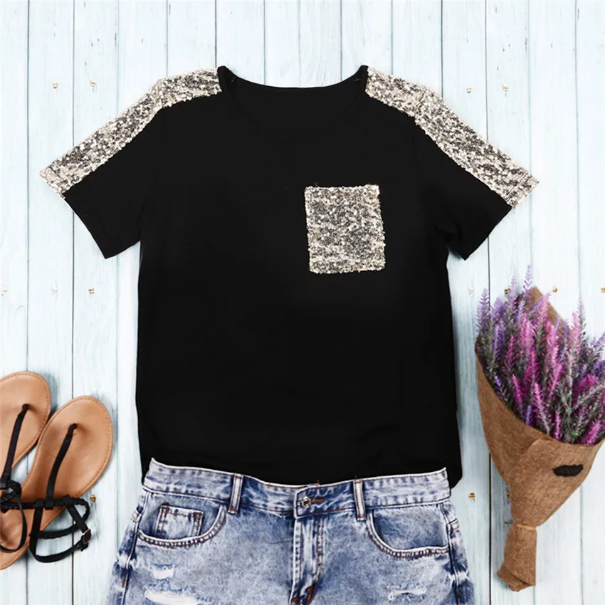 Sequined T Shirt Womens Pocket Tee Shirts Tops Mujer Fashion Black T-shirt Women Short Sleeve Summer Female Top | Женская одежда