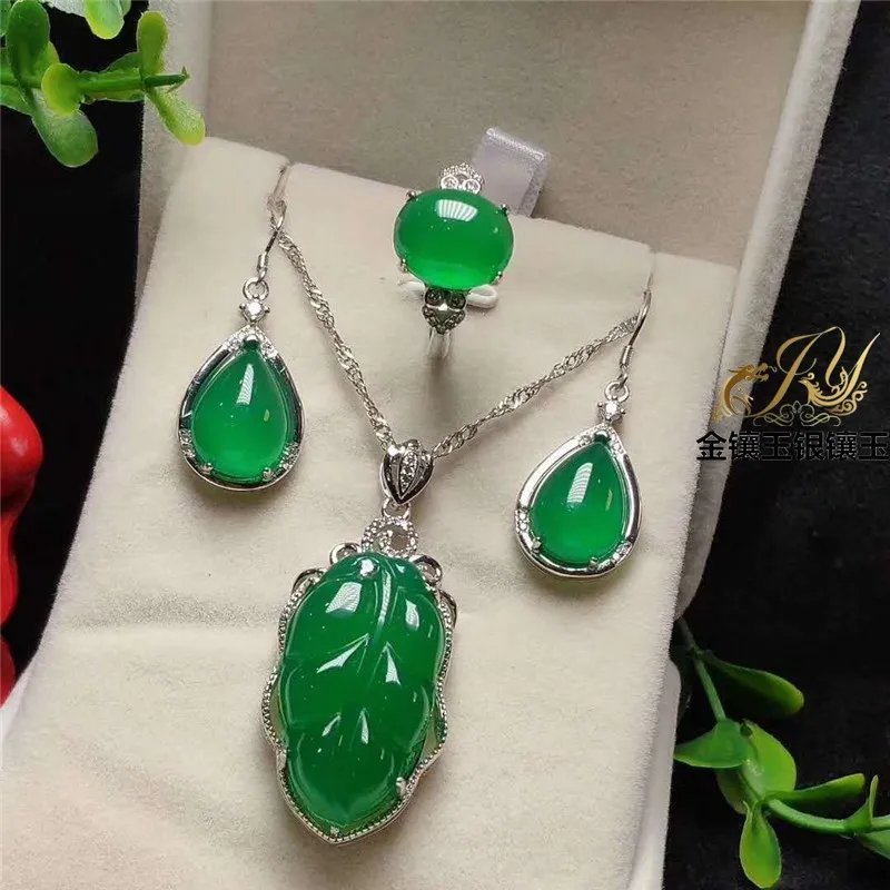 

Natural green jade pendant handmade ring earring with 925 sterling silver sets leaves jade pendant jade ring jade set 925 set