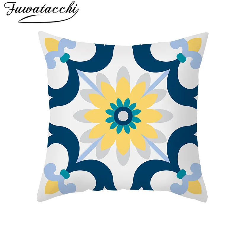 

Fuwatacchi Geometric Pattern Cushion Cove Decorative Blue Yellow Flower Print Pillow Case For Home Sofa Fall Decor Pillows Cover