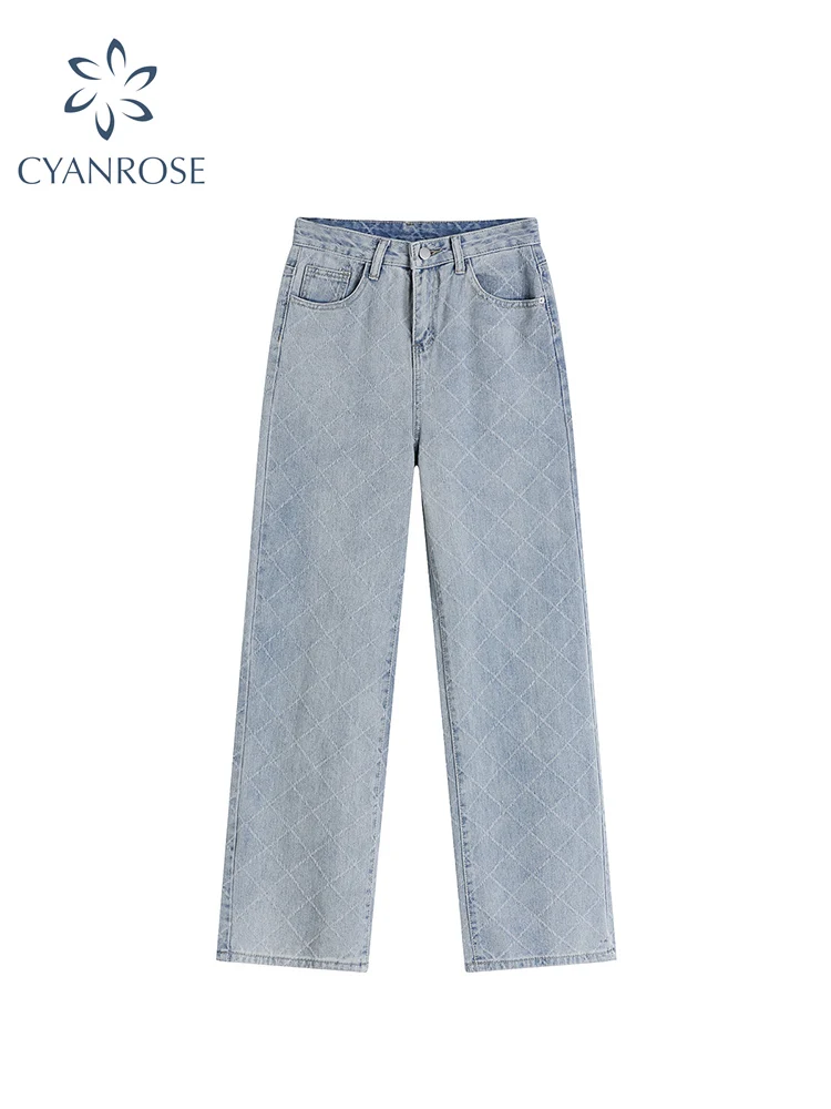 

2022 Spring New Women Fashion Plaid High Waist Jeans Loose Casual Streetwear Straight Denim Trousers Vintage Wide Leg Pants Tide