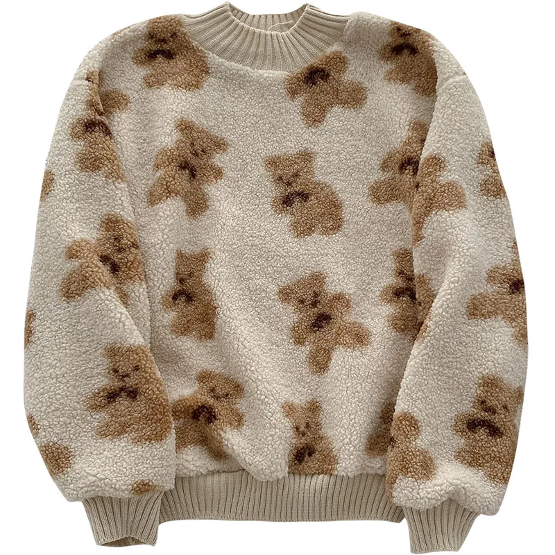 Kuzuwata Chic Funny Cartoon Bear Pattern Women Sweaters 2021 Autumn New Preppy Style Pullovers Casual O Neck Warm Tops 1H874 | Женская
