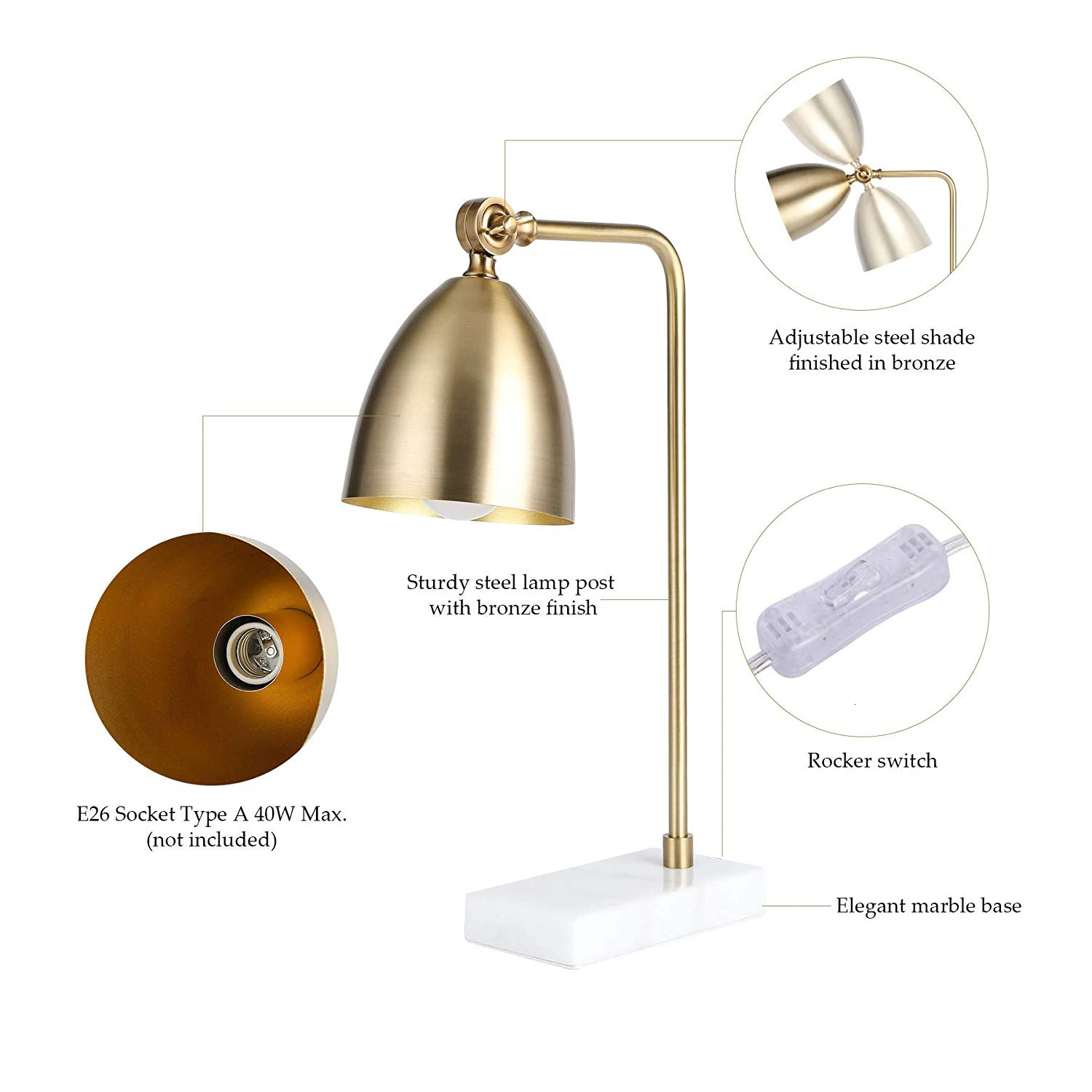 Золотые настольные лампы с мраморным основанием регулируемый металлический