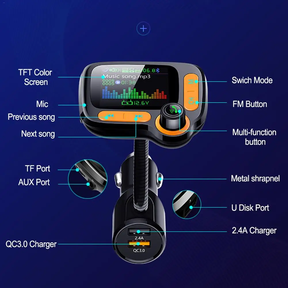 Fm-передатчик Bluetooth 5,0 Fm модулятор MP3 плеер автомобильный комплект громкой связи QC3.0 быстрое зарядное устройство TF AUX аудио приемник
