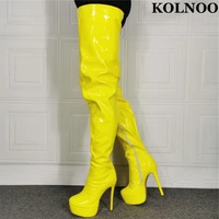kolnoo women handmade high heel platform over knee boots patent leather sexy evening club thigh high boots fashion winter shoes