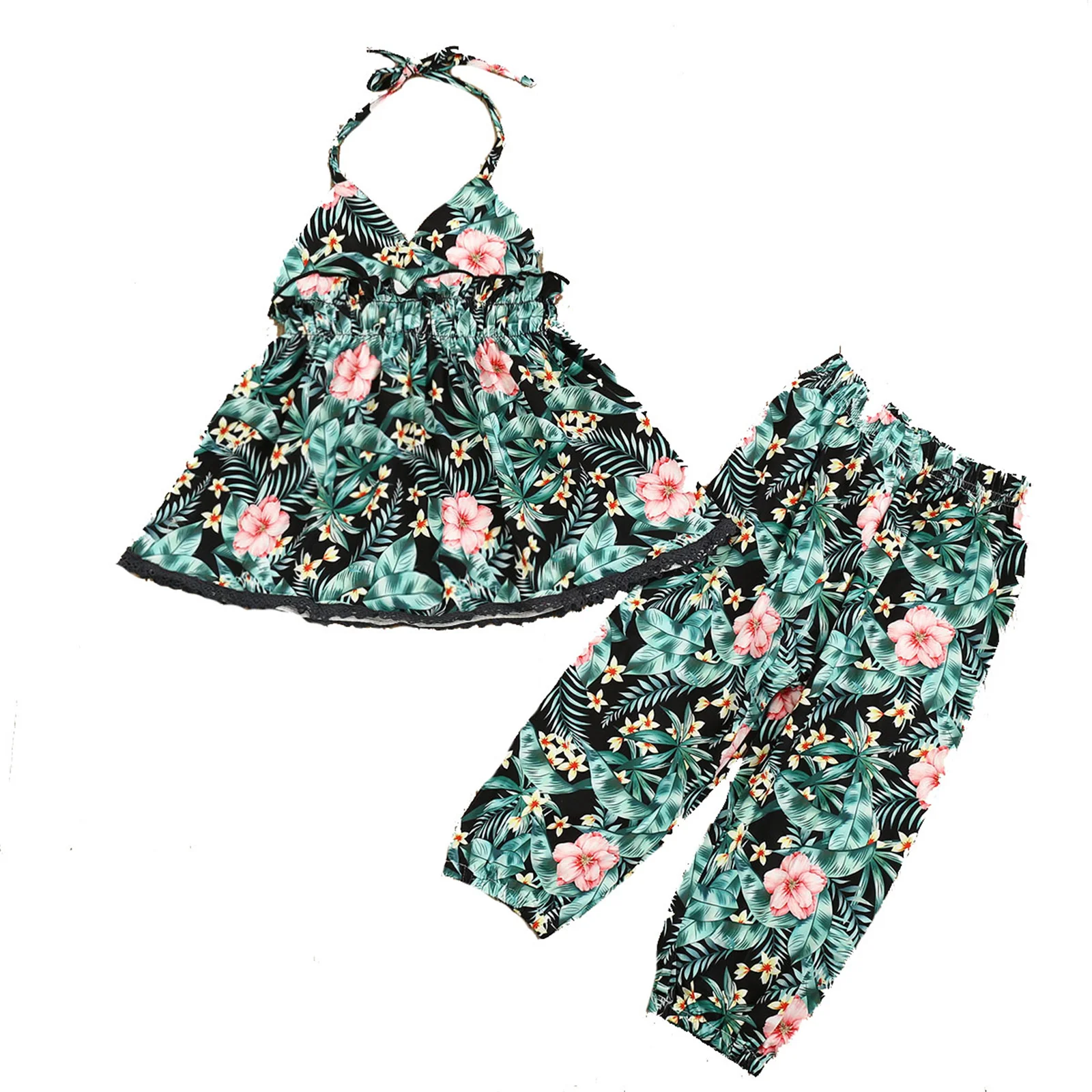 

Toddler Baby Girls Summer Camisole Trousers Suit Sweet Flower Halter sleeveless V-neck Lace Tops and Elastic Pants Casual Set