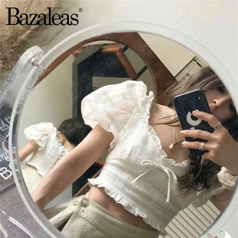 Шикарные сетчатые клетчатые топы и блузки Bazaleas с пышными рукавами укороченный
