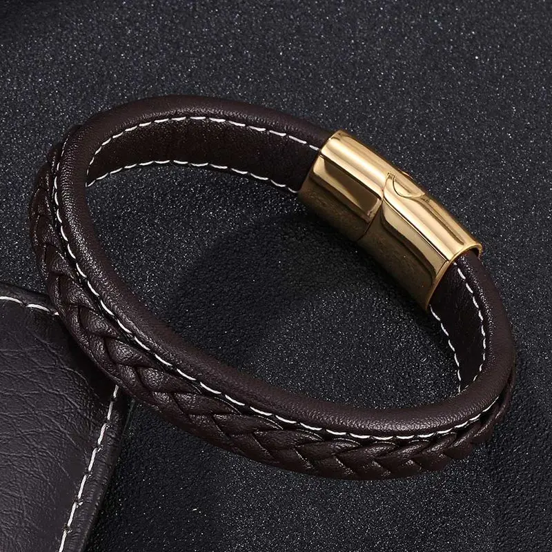 Trend Brown Leather Men Bracelet Gold Stainless Steel Magnetic Buckle Male Bangles Wristband Fashion Jewelry Gifts PD0215 | Украшения и