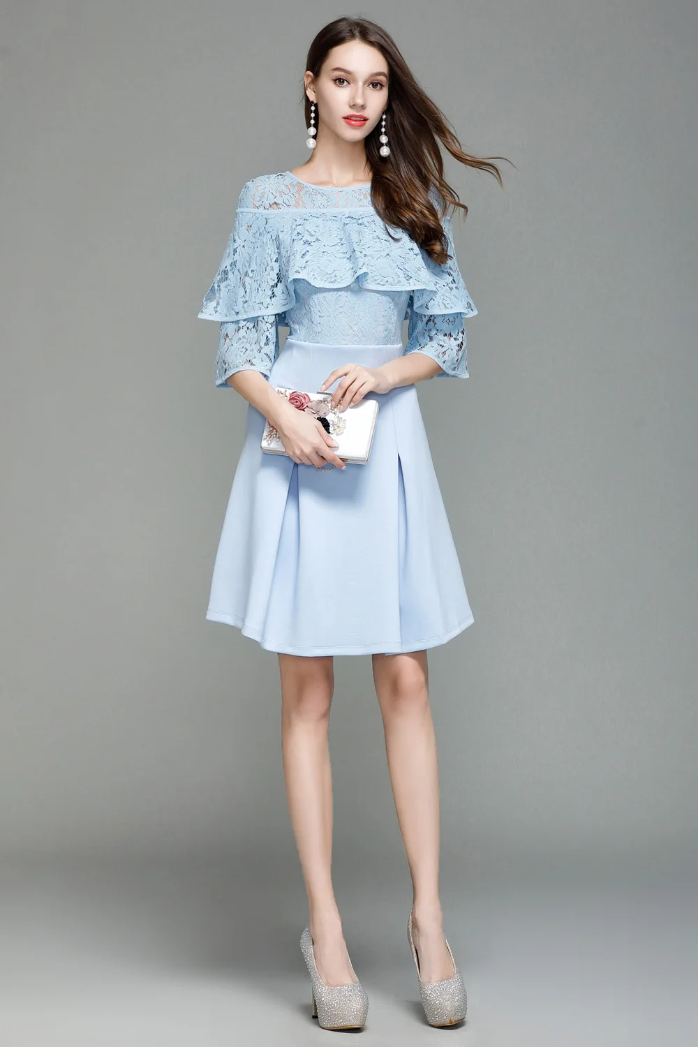 

Lady Milan Women's Runway Dresses O Neck 3/4 Sleeevs Ruffles Lace Ruched Fashion Designer Dresses