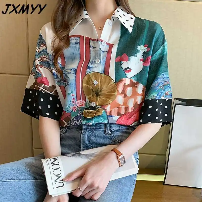 

ICCLEK 2021 fashion women's summer dress new women's printed casual loose short-sleeved retro niche shirt to