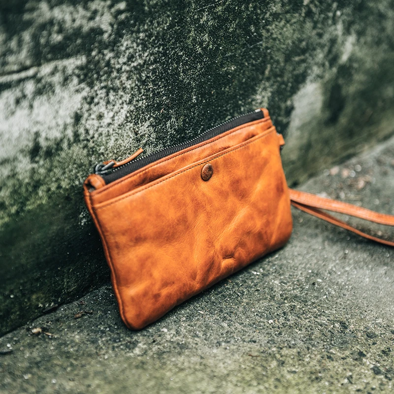 Мужской кожаный дизайнерский клатч в стиле ретро первый слой тонкий длинный
