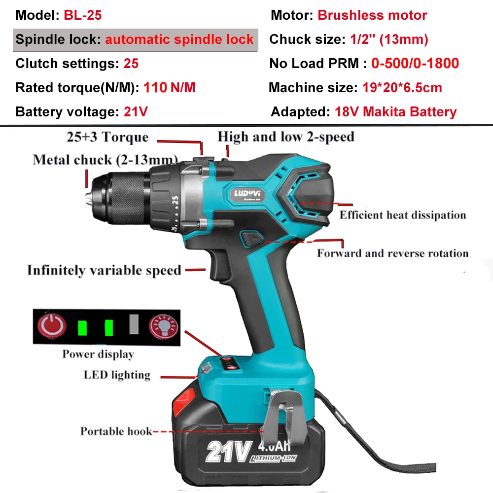 Бесщеточная электрическая дрель 21 в 110 Н/м 13 мм ударная Аккумуляторная