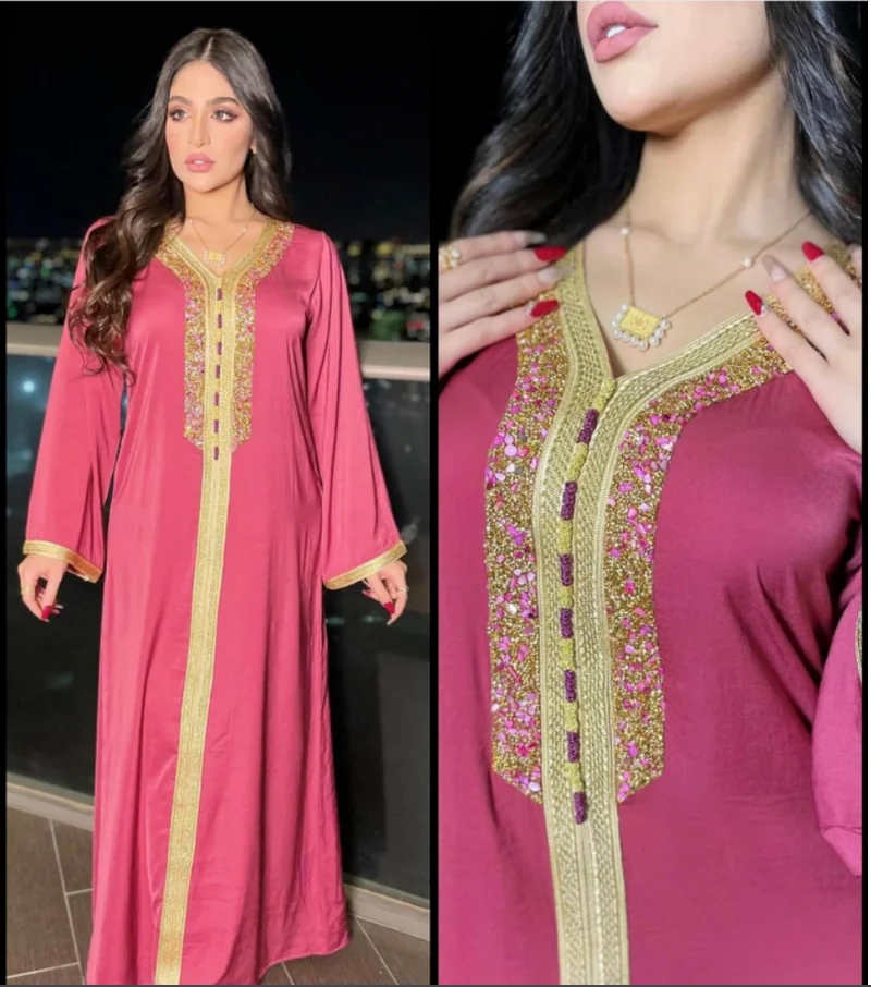 

Summer New Style Ladies Dress Hot Diamond Ribbon Lace Long Sleeve Round Neck Muslim Eid Mubarak Robe Woman Clothing WE358