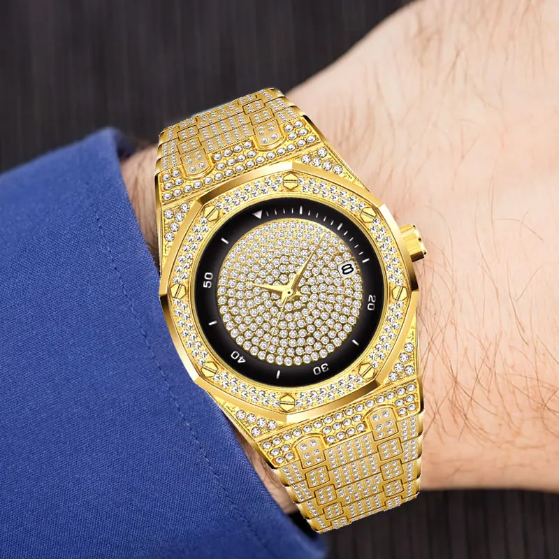 

Fashion Luxury Men's Watch Rose Gold Full Diamond Unique FF Quartz Watch Men High Quality Waterproof Dropshipping Clock