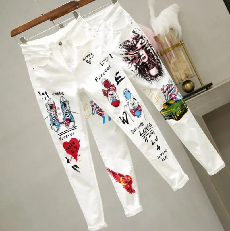 Новые женские белые джинсовые джинсы с рисунком граффити Цветы печати