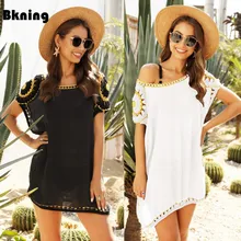 Black Beach Dress for Women Crochet Flower One Shoulder Cover Up Solid White Tunic 2020 Summer Beachwear Bikini Bathing Suit Ups