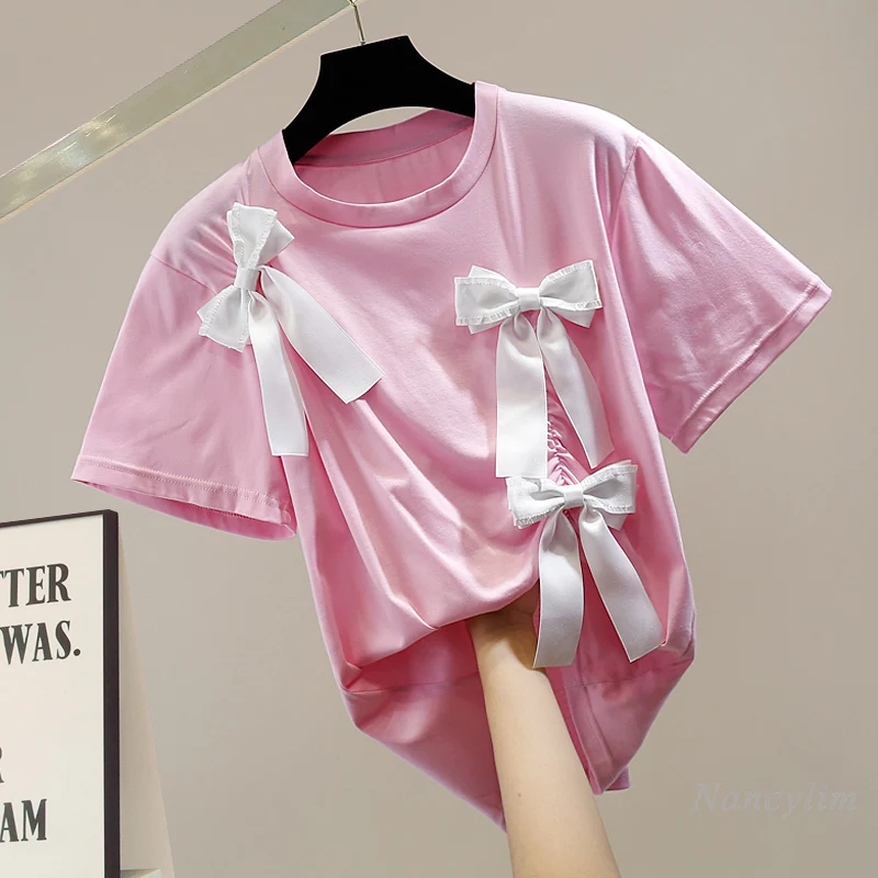 

Bow Tshirt for Woman 2021 Summer New Sweet Top Loose Short Sleeve T-shirt Girls Ladies Camisetas De Mujer White Black Pink