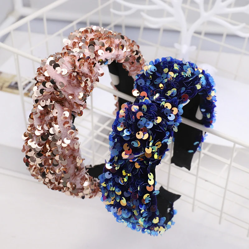 

Women Headband Headwear Knot Thick Hairband Fashion Padded Elegant Glitter Shiny Sponge Wide Sequin Lady Hair Accessories