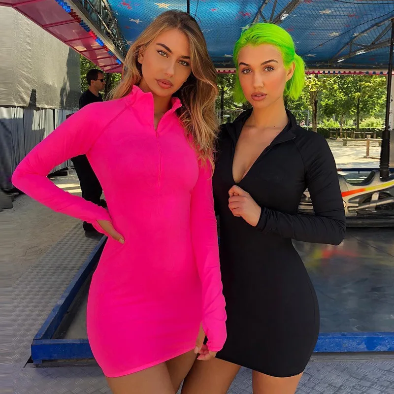 

Fashion Temperament Dress 2021 Spring Summer Slim Zipper Women's Bodycon Sexy Pink Dress Club Outfits Women Clothing