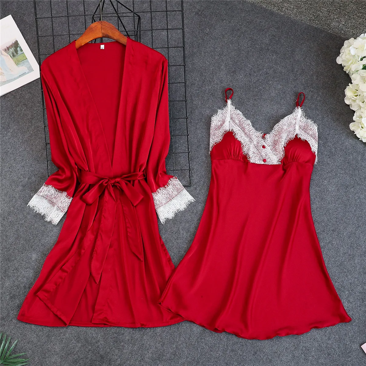 Сексуальный серый халат из 2 предметов костюм с ремнями топ кимоно комплекты для