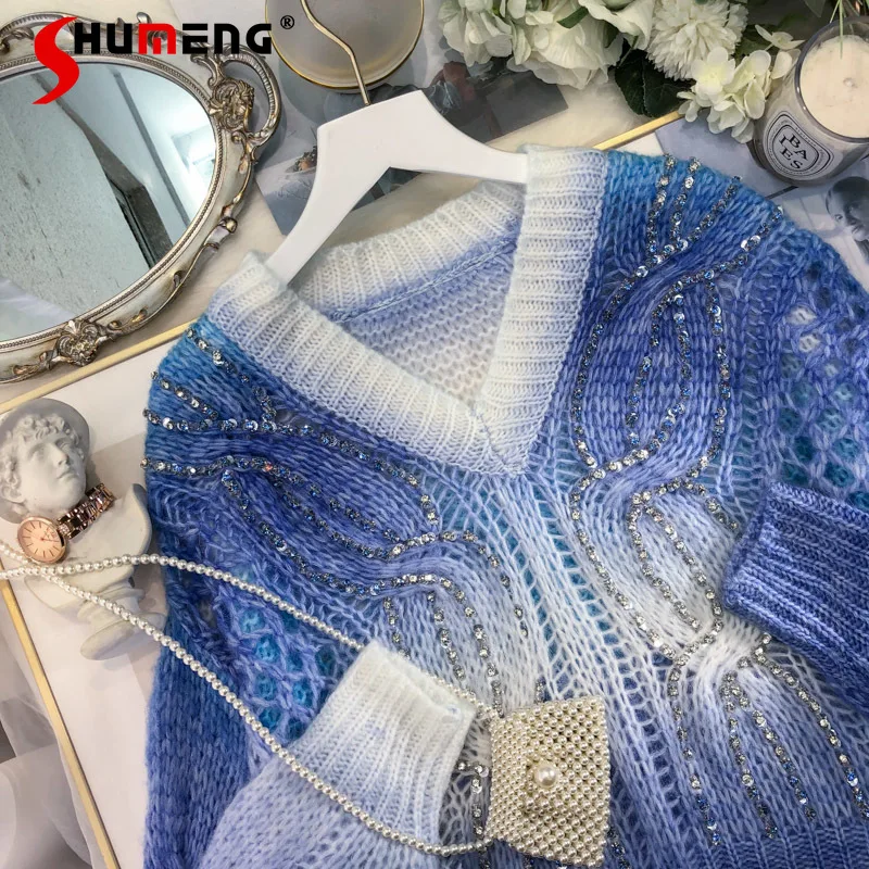 

2021 New Autumn Ladies French Romantic Gradient Color Exquisite Hollow-out Short Sweater Women's Fashion Loose Pullover Knitwear