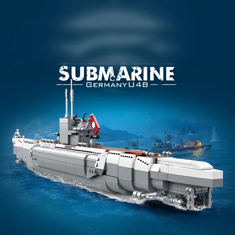 

2021 Military Germany Navy Weapon Ship Carrier Warship U48 Submarine Building Blocks Kit Bricks Classic Model Children Toys Gift