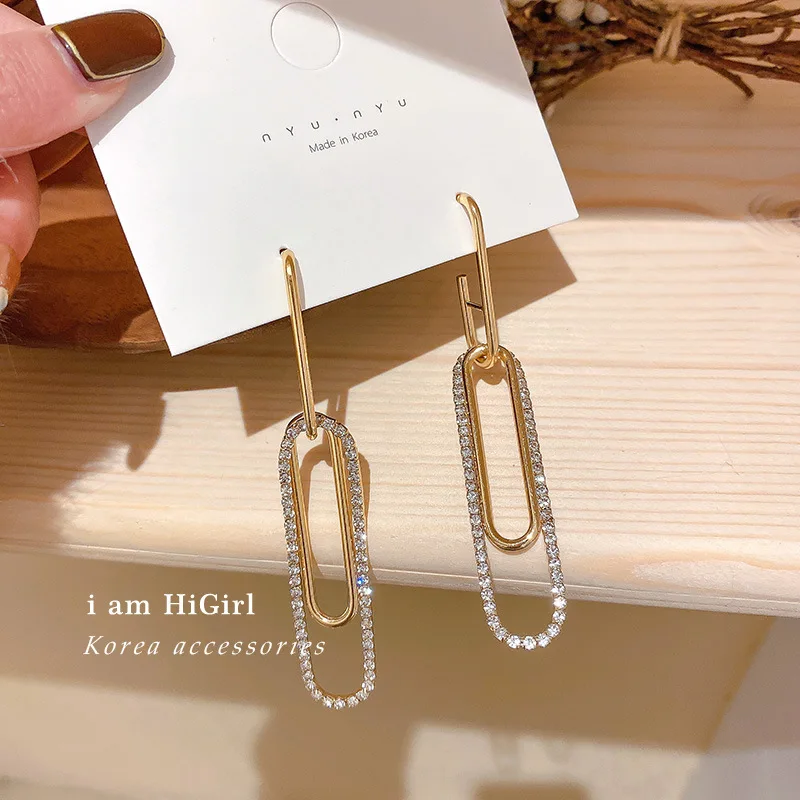 

925 Silver Needle European And American Exaggerated Diamond Inlaid Geometric Rectangular Earrings Personalized Long Tre