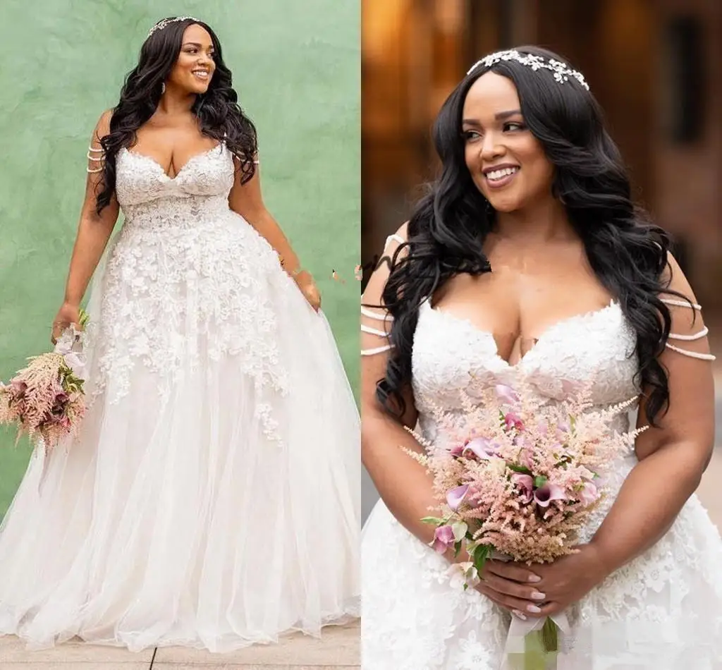 

Plus Size A Line Wedding Dresses Sexy Spaghetti Straps Lace Applique Tulle Sweep Train Garden Country Wedding Gown vestido de