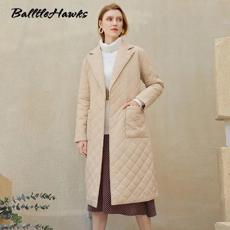 Women Long Straight Winter Coat with Rhombus Pattern Casual Sashes Women Parkas Deep Pockets Tailored Collar Stylish Outerwear