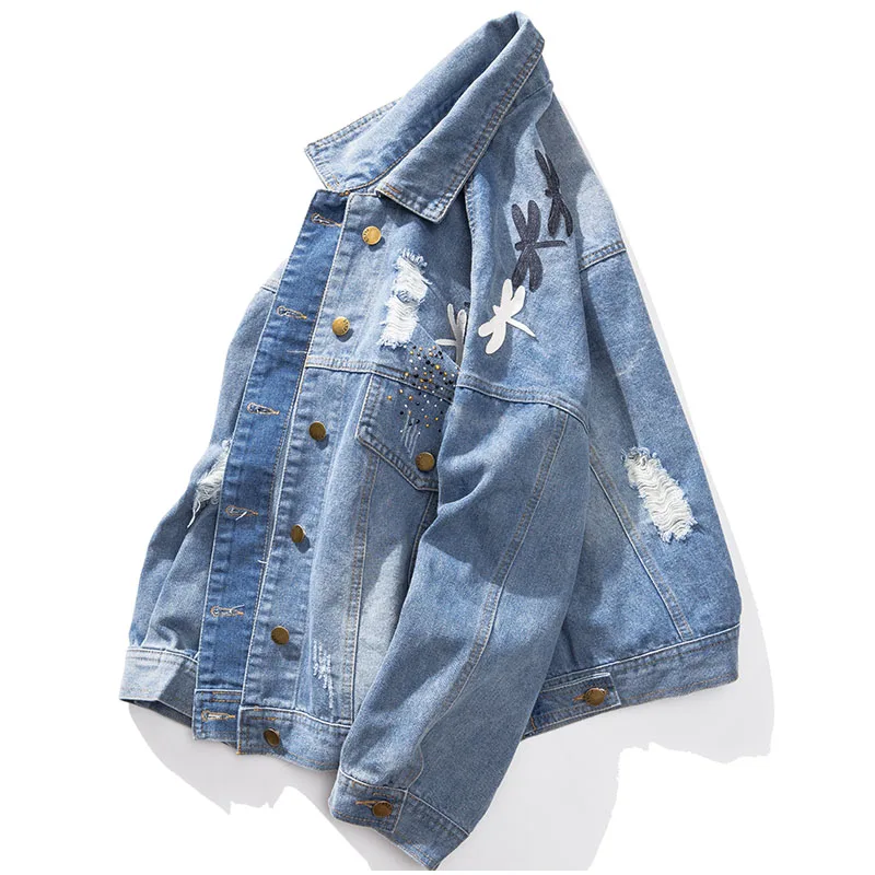Женская джинсовая куртка бойфренд свободного покроя с вышивкой размеры 3Xl 4Xl 5Xl