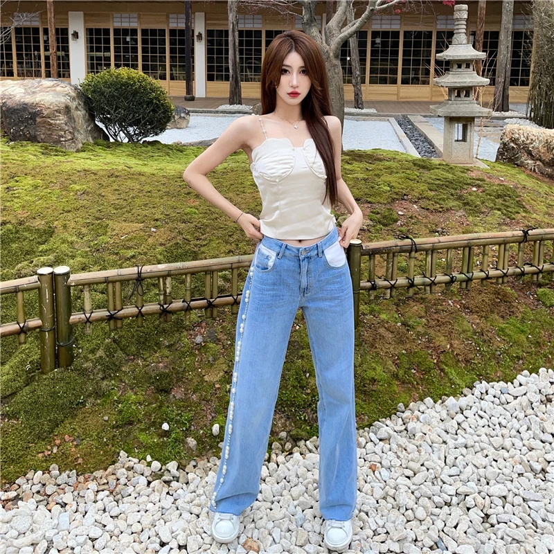 Fashionable and thin high-quality French pearl camisole 2021NEW summer pearl satin belt chest pad sexy tight ladies tube top