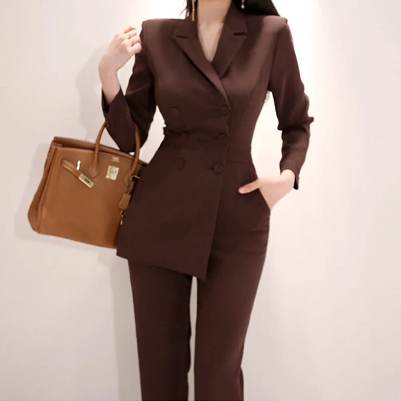 

2020 Autumn Office Ladies Notched Double Breasted Jumpsuit Elegant Long Pant Jumpsuits Slim Long Playsuit Business Overalls