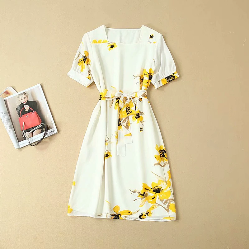 100% Silk Dress Strap Two-piece Printed Cross O Neck Short Sleeves belt Body Special Design Dresses Elegant New Fashion Style | Женская